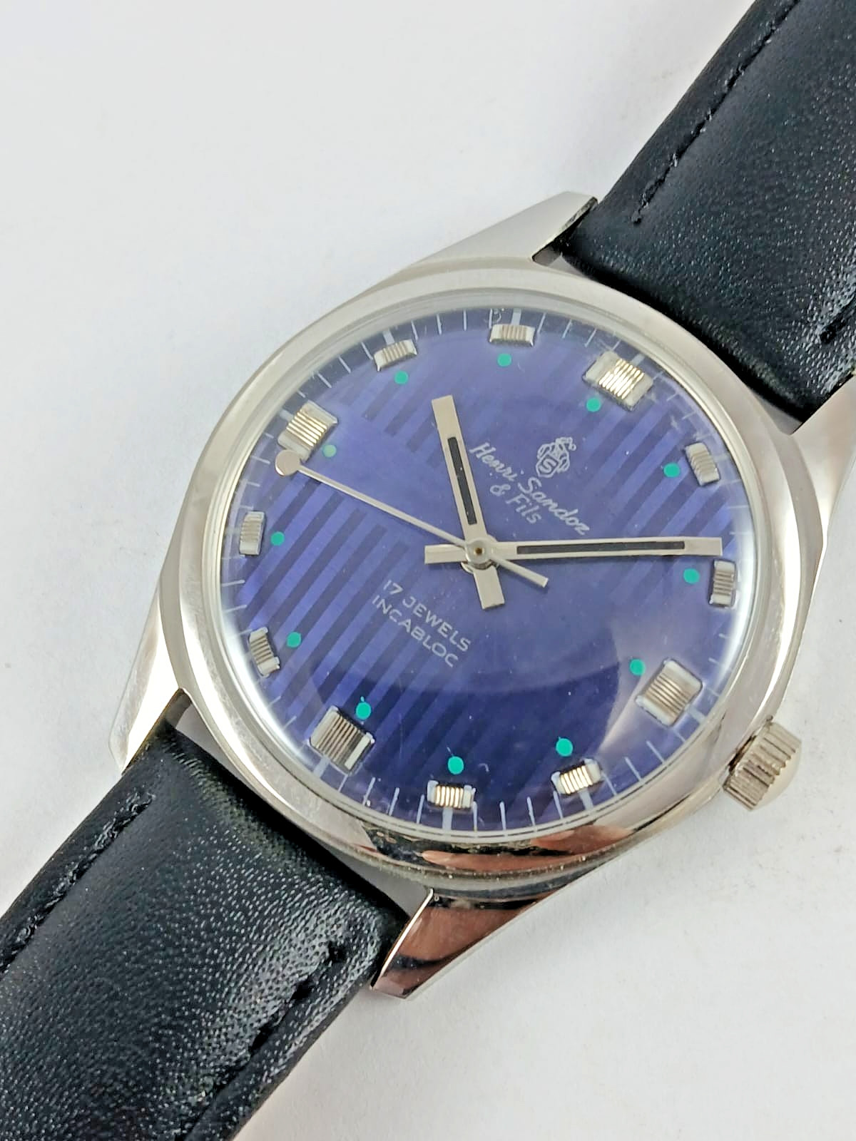 Vintage Henri Sandoz & Fils Mechanical Watch Blue Dial 17 Jewels Incabloc