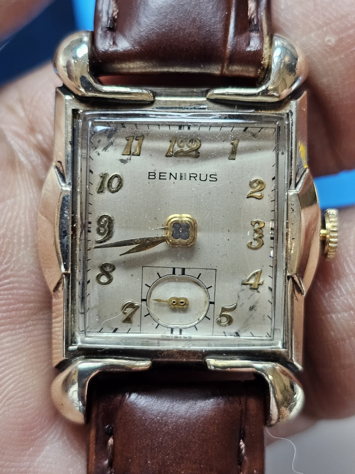 Benrus Tank Vintage 1940s Manual Wind Rectangle Dress Watch Silver Dial Brown