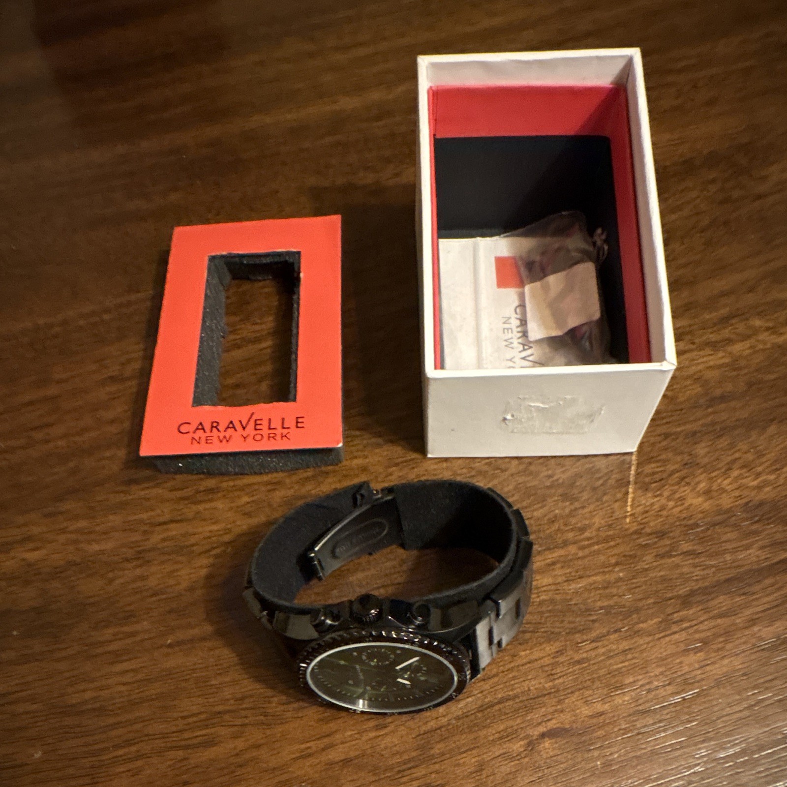 Caravelle New York Men’s Chronograph Quartz Watch Green Dial Black Bracelet Box