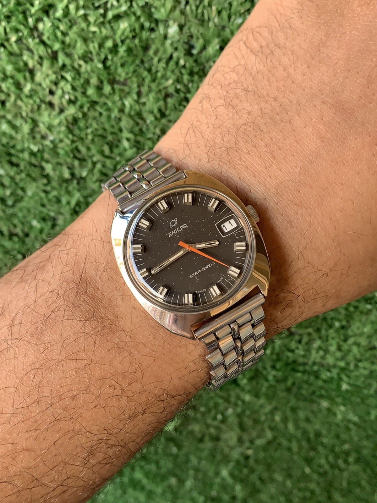 Vintage Enicar Ocean Pearl Watch Stainless Steel Star Jewels Dial 36mm Men 1960s