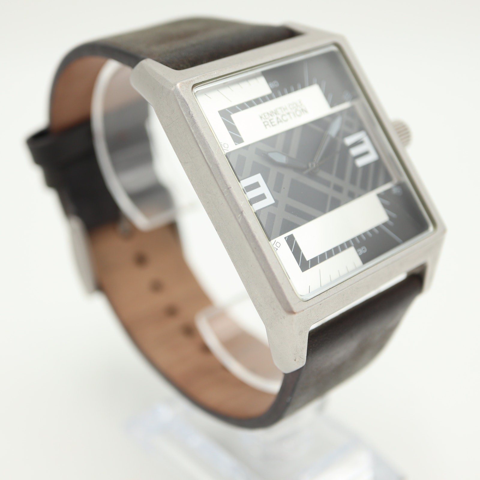 Kenneth Cole Reaction Mens 41mm Square Geometric Watch Black Leather New Battery