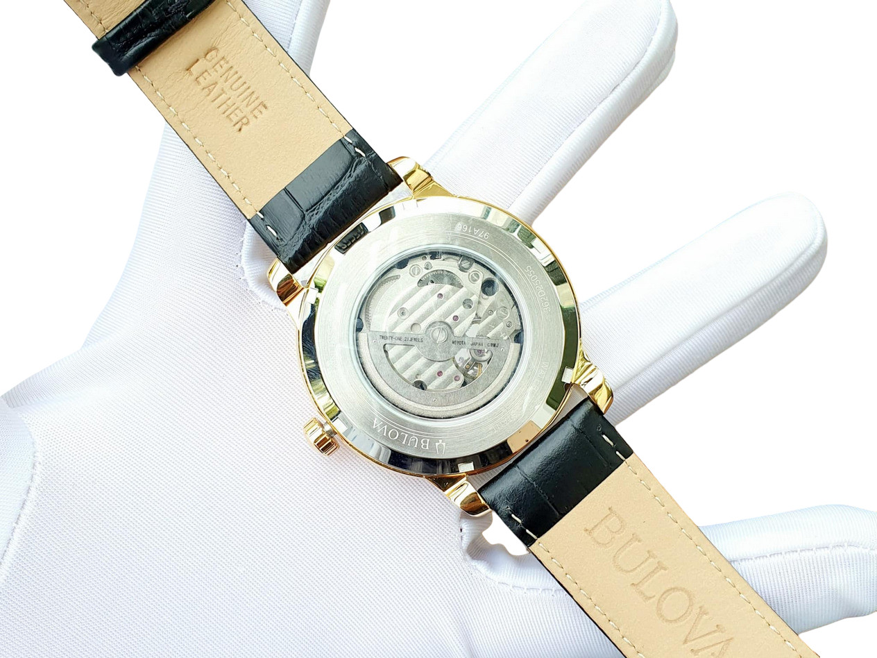 Bulova Automatic Gold Tone Black Dial Leather Band Men’s Watch 97A166