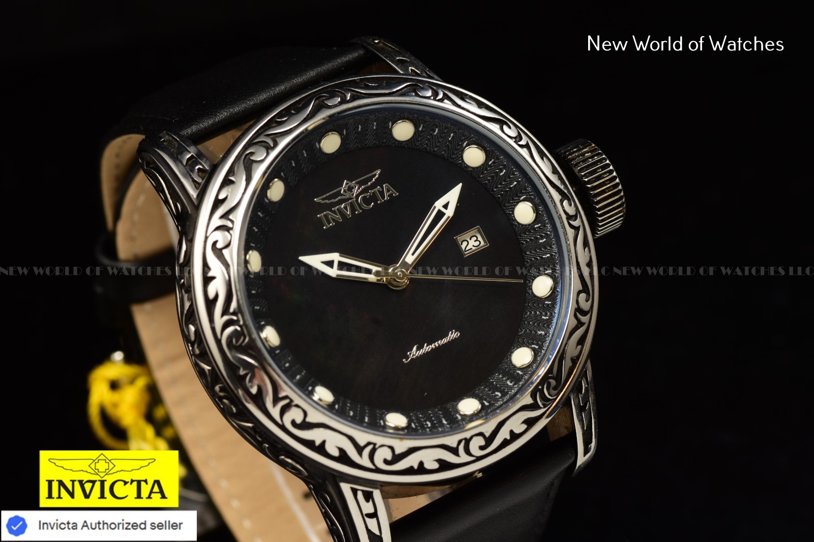 Invicta Men’s Vintage 52mm Automatic MOP Dial Black Tone Leather Strap Watch