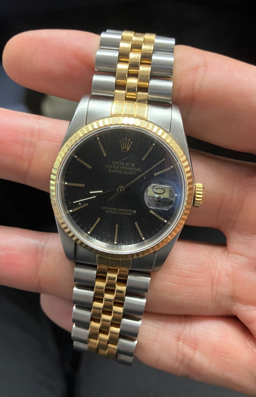 Rolex Two Tone Yellow Gold Datejust 36mm Black Tapestry Dial