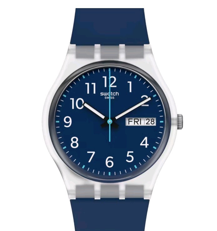 Swatch “RINSE REPEAT NAVY” analog blue/clear biobased plastic dated watch