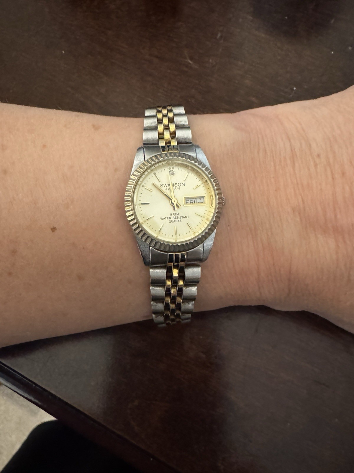 Swanson Quartz Analog Wristwatch Day/Date 50m 5 ATM Two-Tone Bracelet Women’s