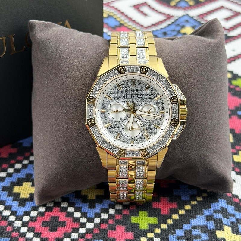 Bulova Men Crystal Octava 98C126 Gold Silver Dial Diamond Quartz Watch 41.5mm