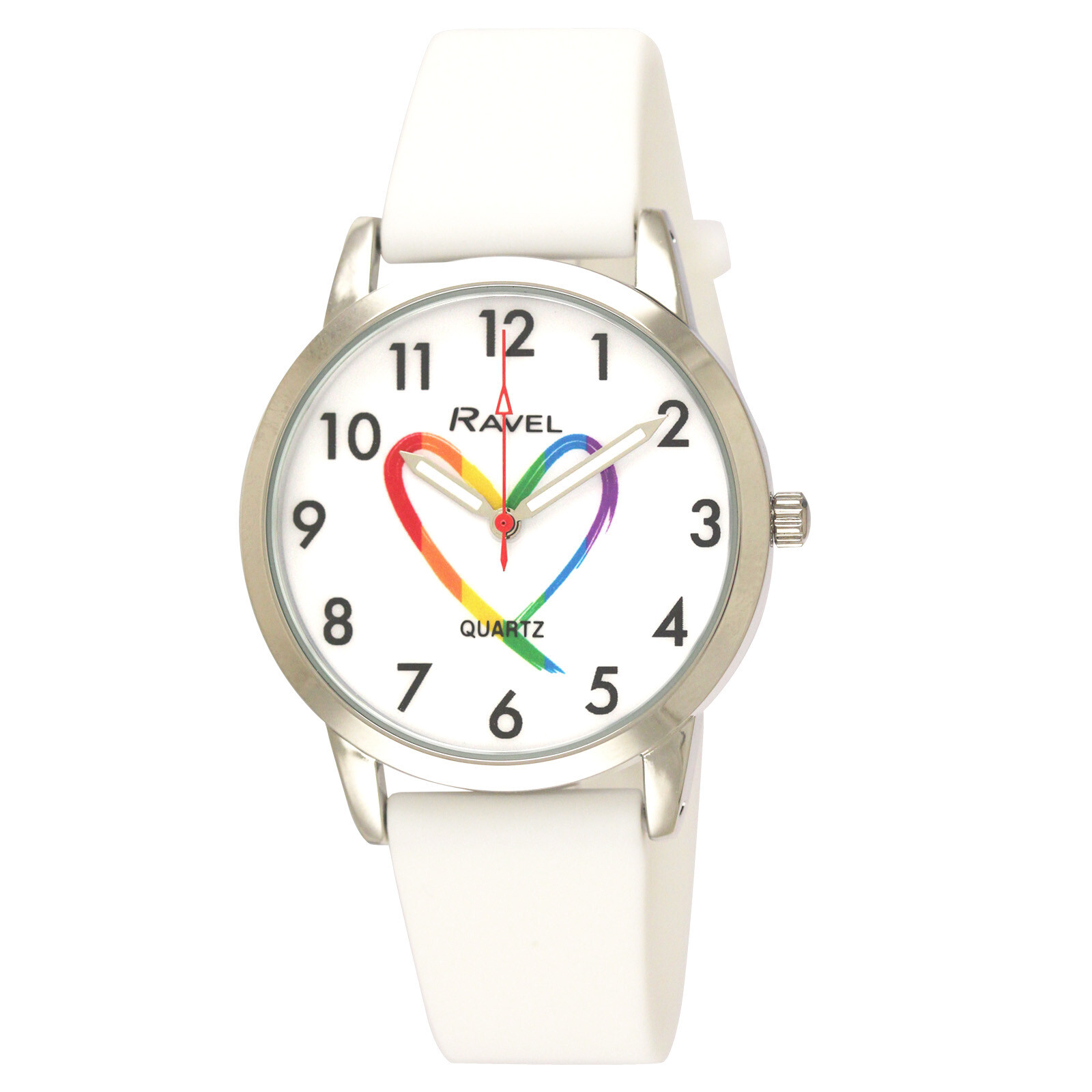 Unisex Adult Pride Matters Silicone Quartz Watch – Rainbow Heart. White Strap