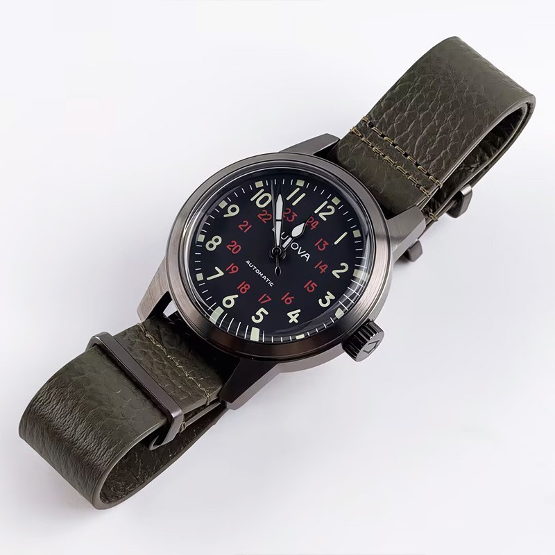 Bulova Hack 98A255 Black Dial Green Leather Strap Men’s Automatic Watch 38MM