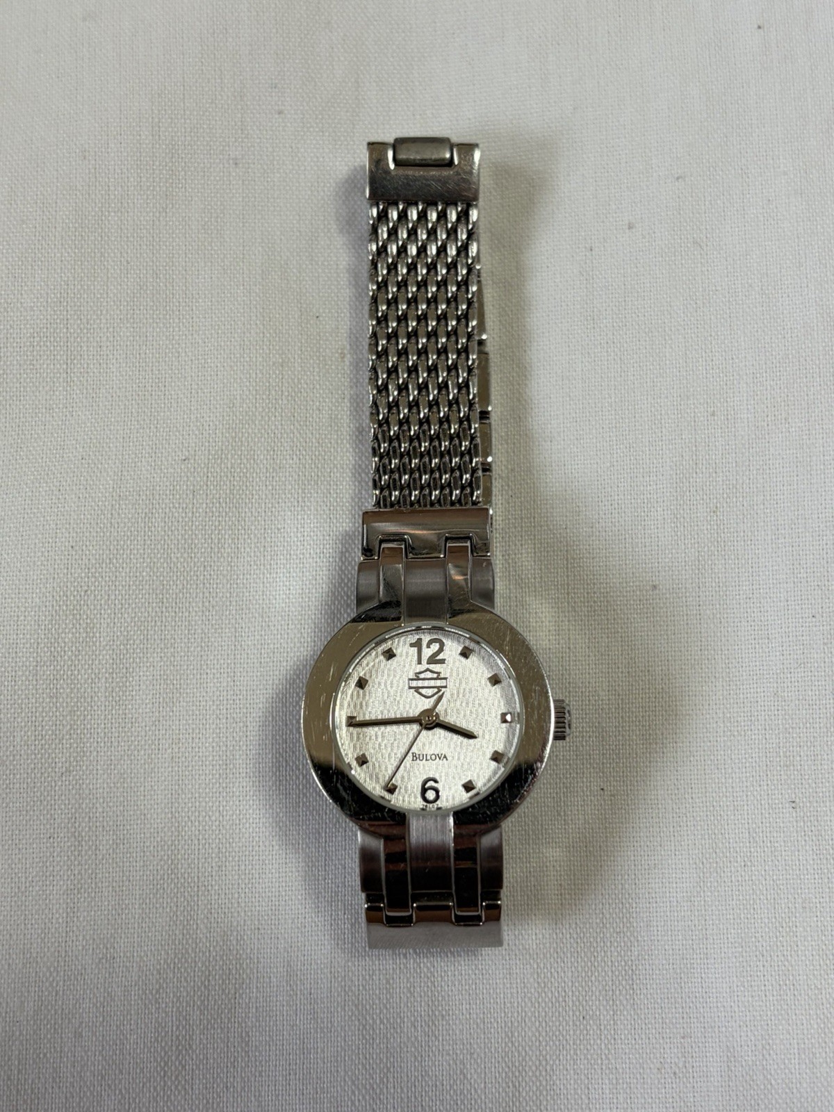 Bulova Harley Davidson Womens Quartz Watch Textured Silver Dial Bracelet Runs