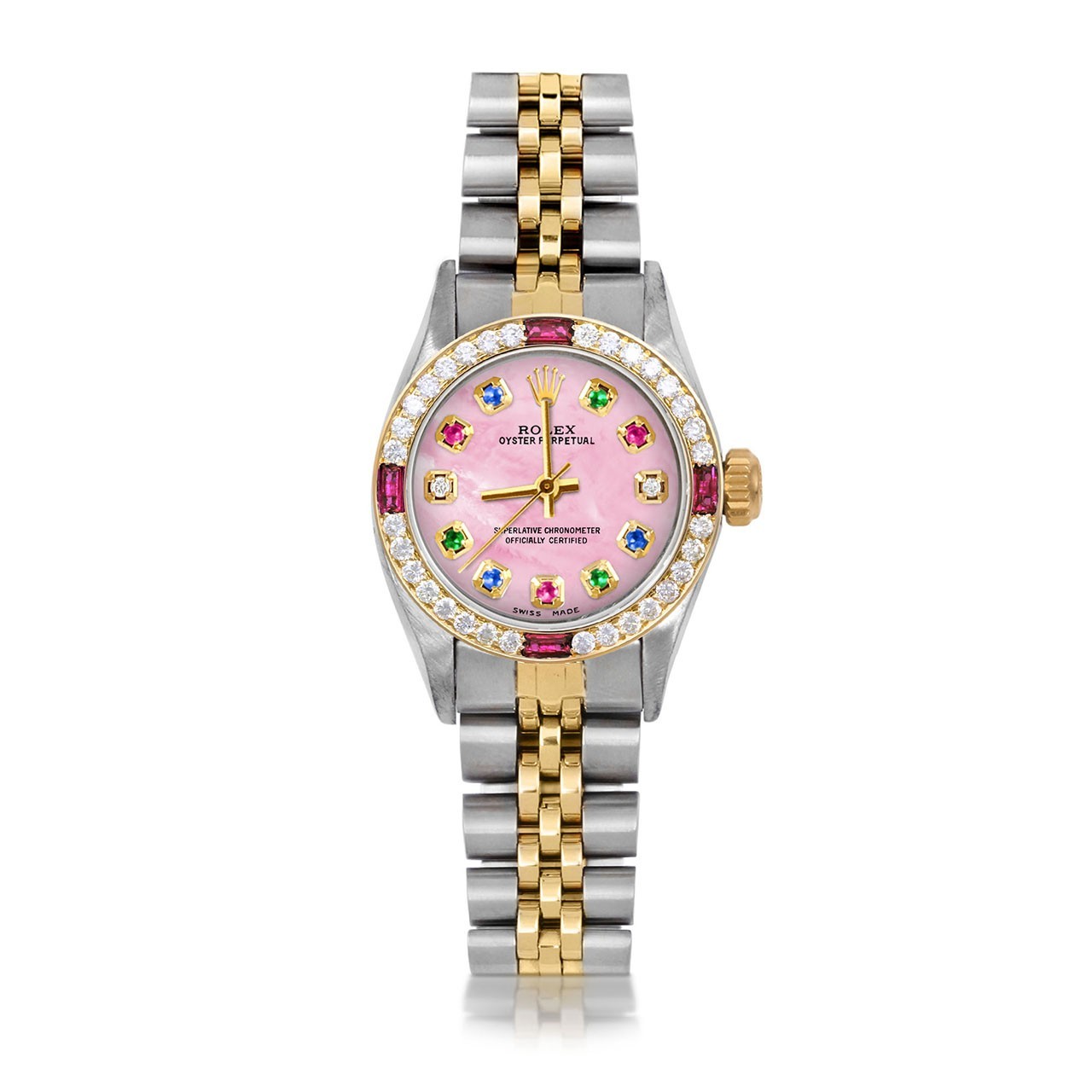 Rolex Ladies TT Oyster Perpetual Pink MOP Rainbow Dial Ruby Diamond Bezel