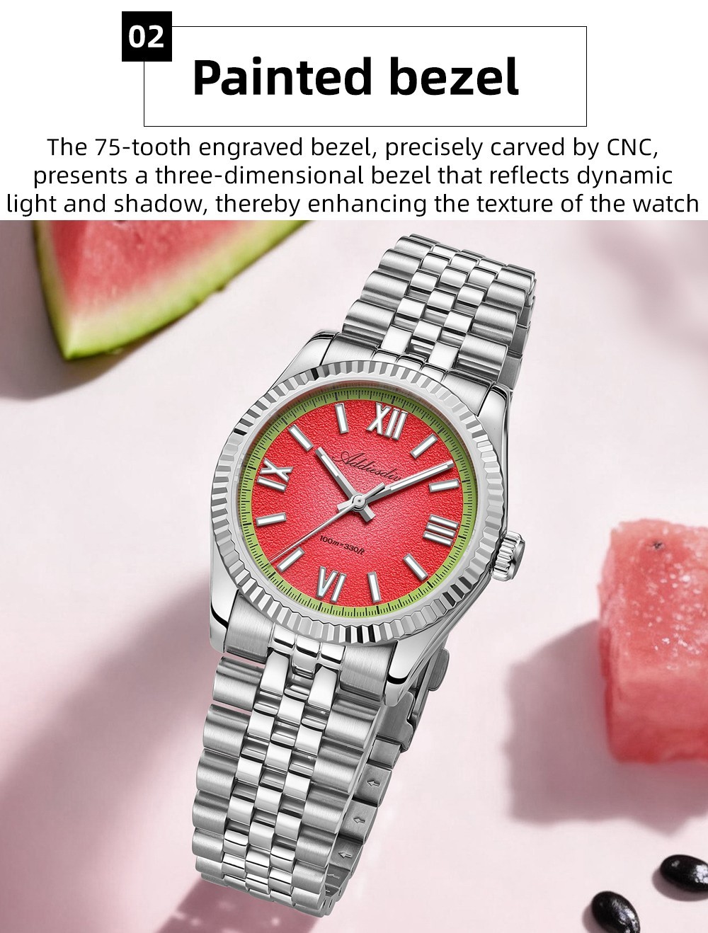 Addiesdive Watermelon Red 36mm Watch Fluted Bezel Wrapped Quartz 100m Sapphire