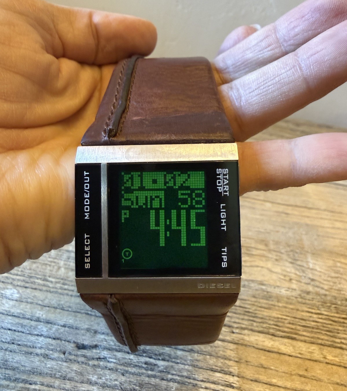Diesel DZ7144 Brushed Stainless Steel Case Digital Watch w/ Wide Leather Band