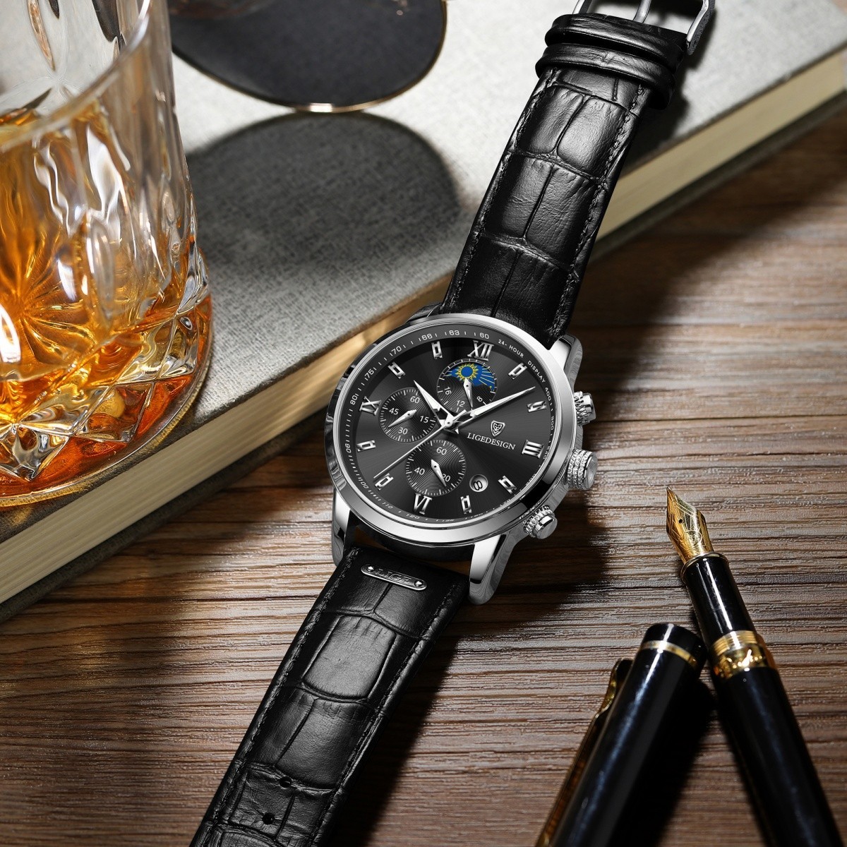 Men’s Watches Quartz Luminous Date Dial Waterproof Leather Business Wristwatch