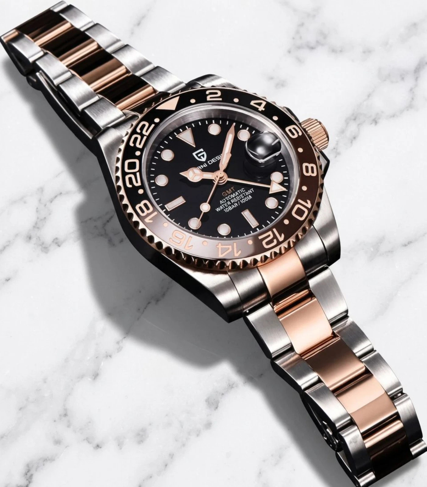 Men’s 40mm Waterproof Divers Watch Black Dial Brown RootBeer Bezel Wristwatch