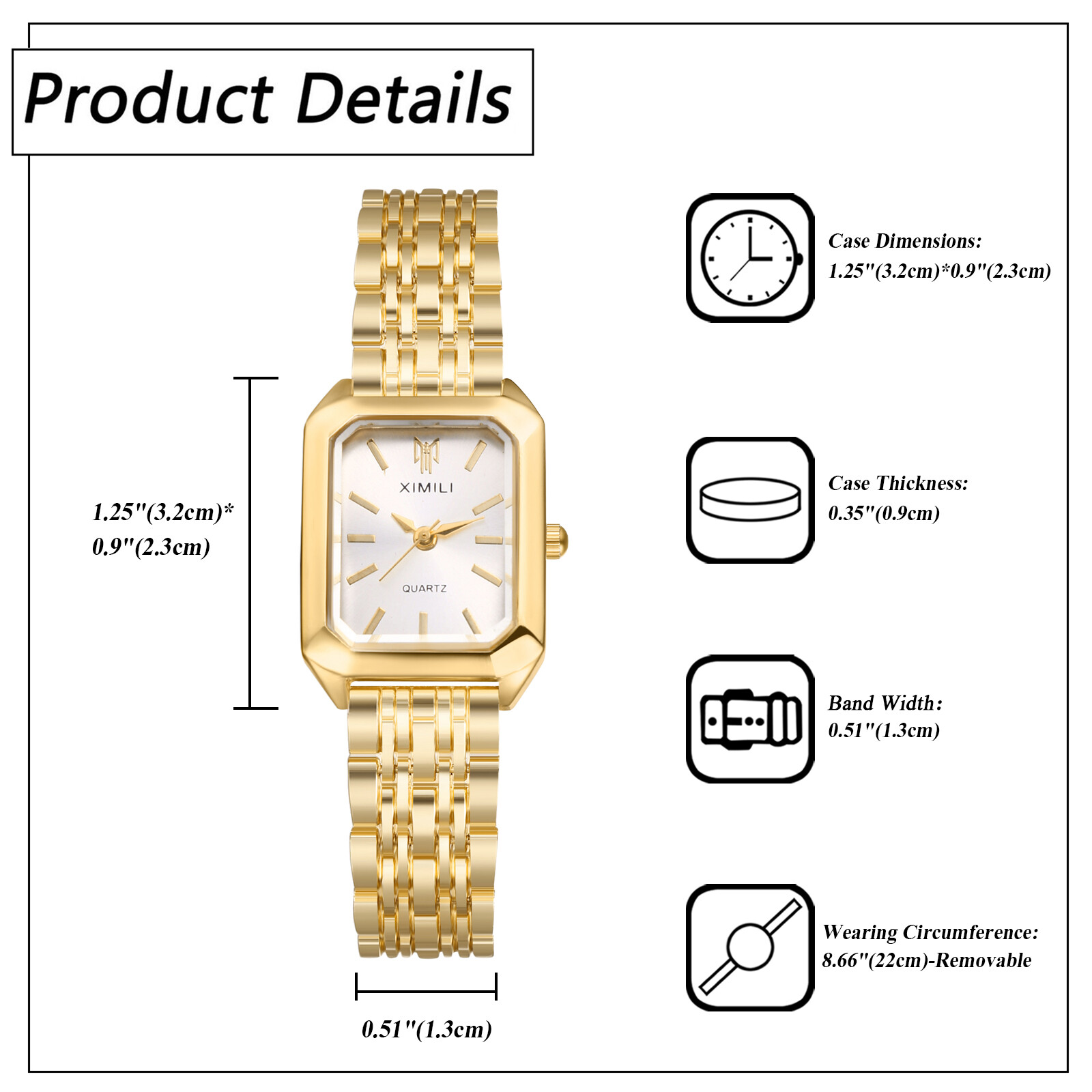 Women Stainless Steel Simple Square Dial Adjustable Band Quartz Dress WristWatch