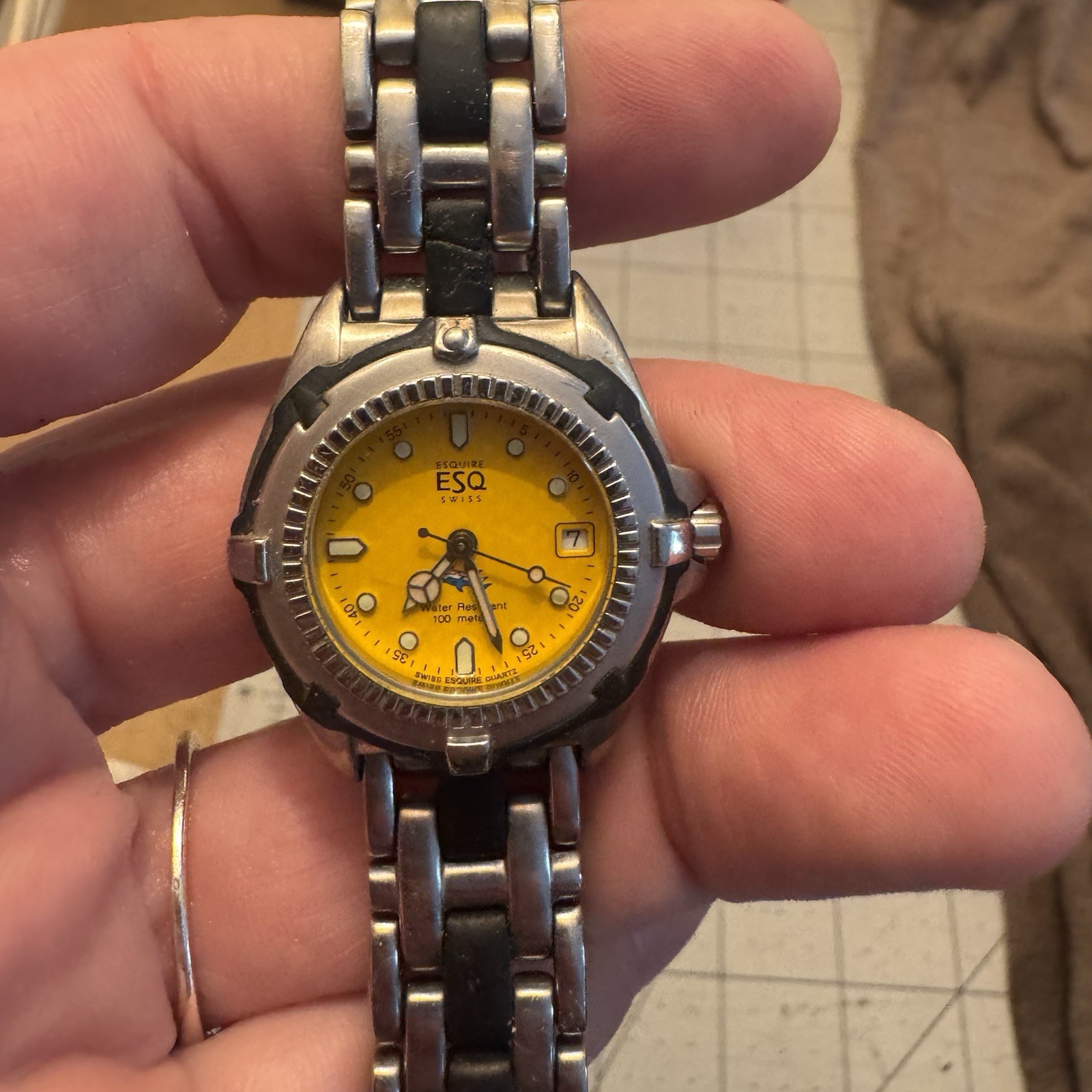 ESQ by Movado Men’s Quartz Sport 100m Yellow Dial Date Silver/Black Bracelet