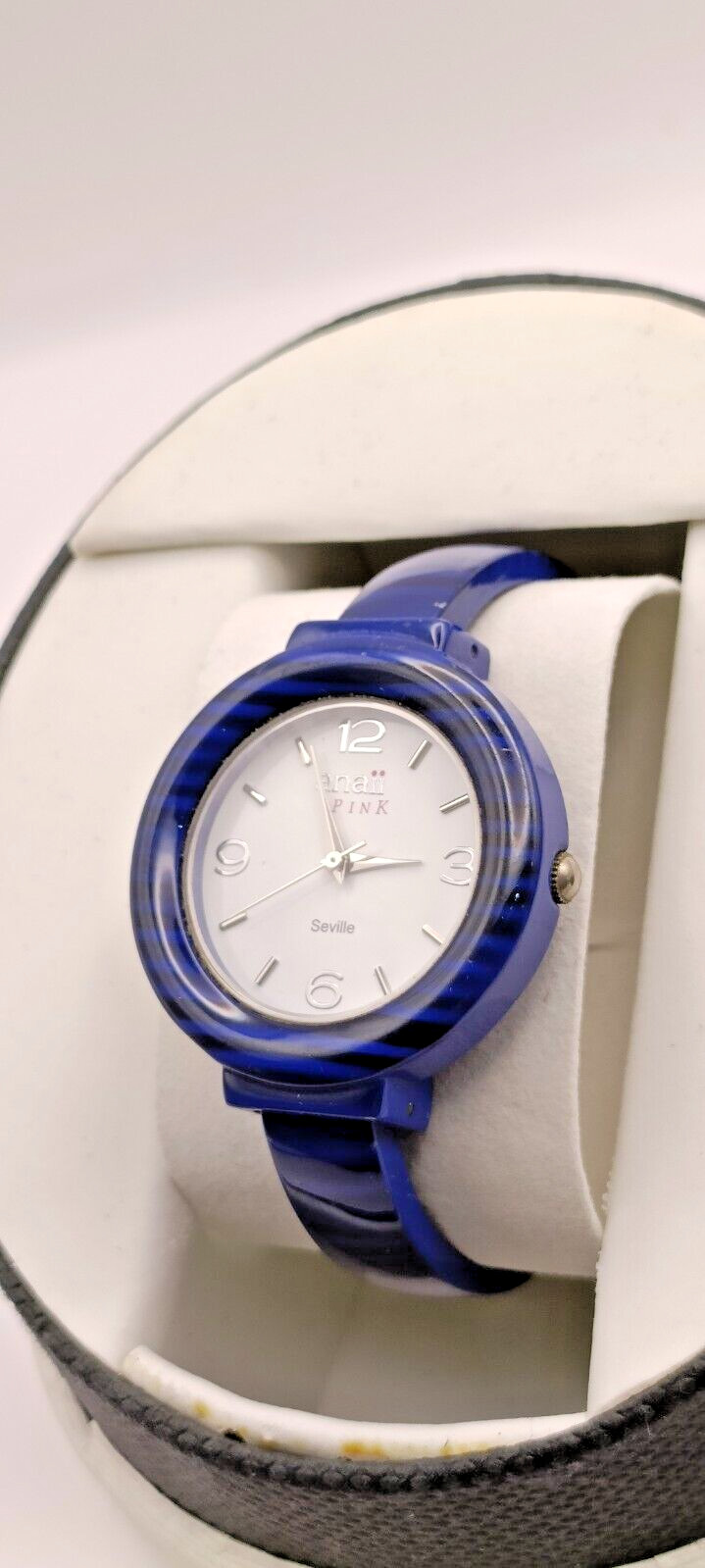 Vintage ANAII Pink Ladies Navy Blue Hinged Bangle Quartz Watch VGC/Working