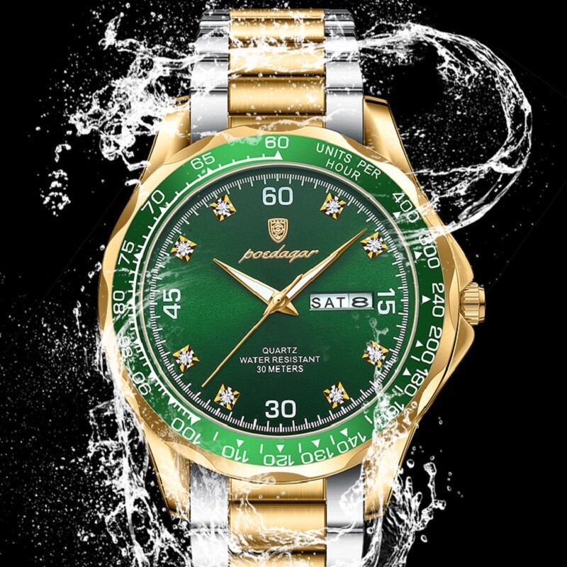 POEDAGAR Men Date Watch Quartz Wristwatch Waterproof Luminous Stainless Watches