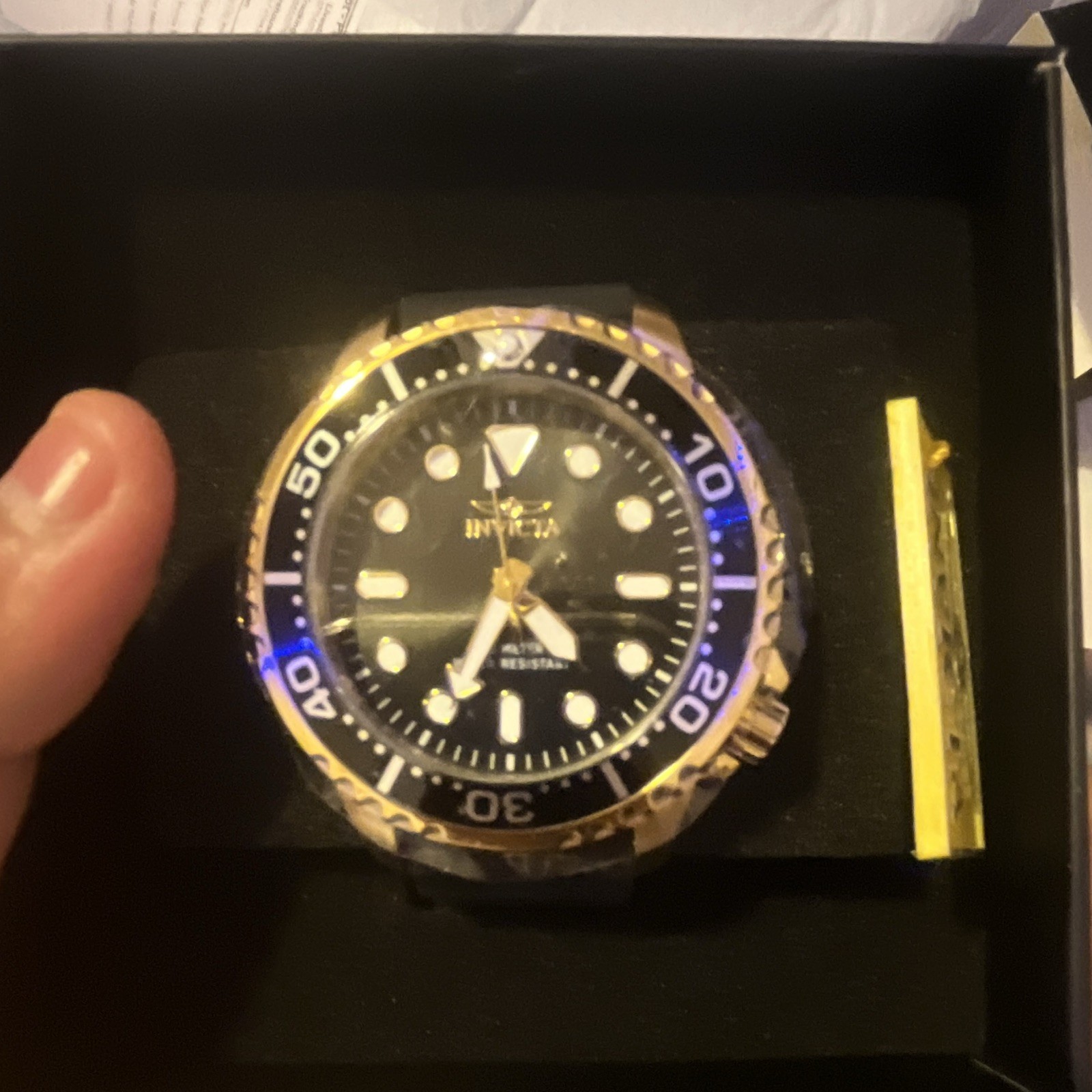 Invicta Pro Diver Men’s Quartz Watch Black Dial Gold Case Black Strap 200m