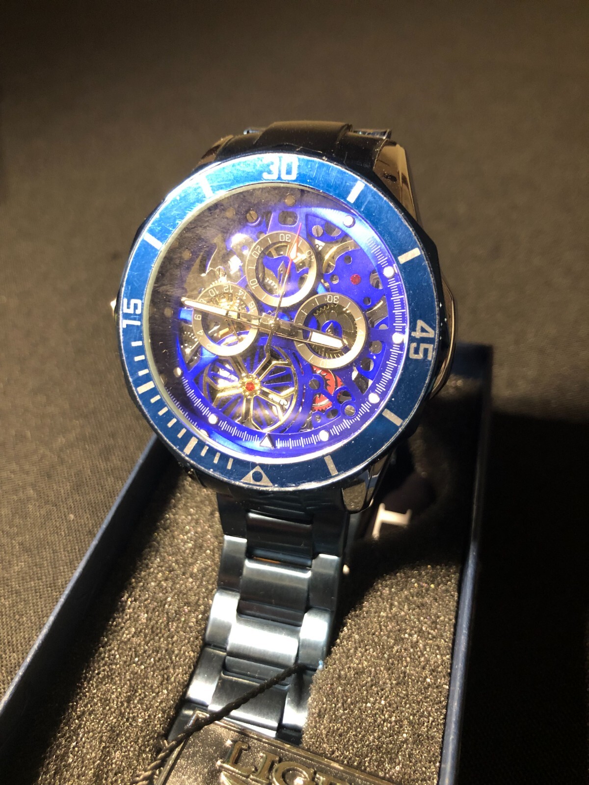 LIGE 1853 Dream Men’s Gold Tone Chronograph, SS Blue Bracelet New Battery in Box