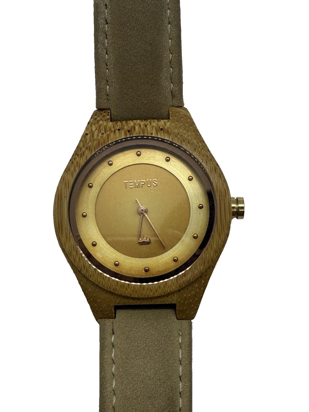 Tempus Genuine Handcrafted Wood Round Unisex Watch Faux Leather Band Light Brown