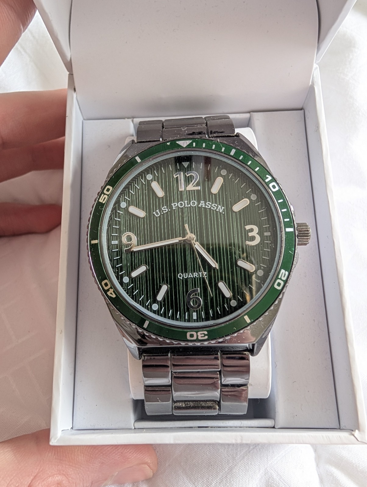 U.S. Polo Assn. Men’s Quartz Analog Watch Green Dial Silver Metal Bracelet Box
