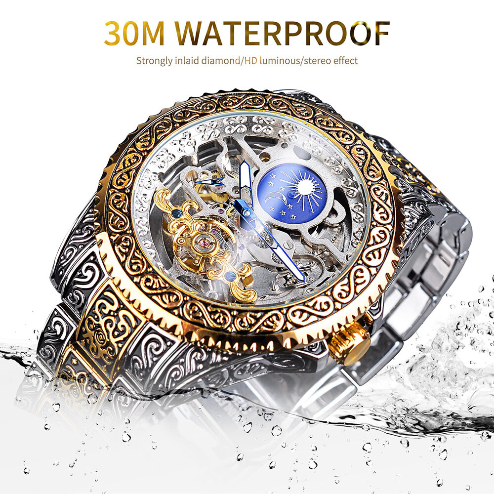 FORSINING Men Retro Luxury Carved Skeleton Tourbillon Automatic Mechanical Watch