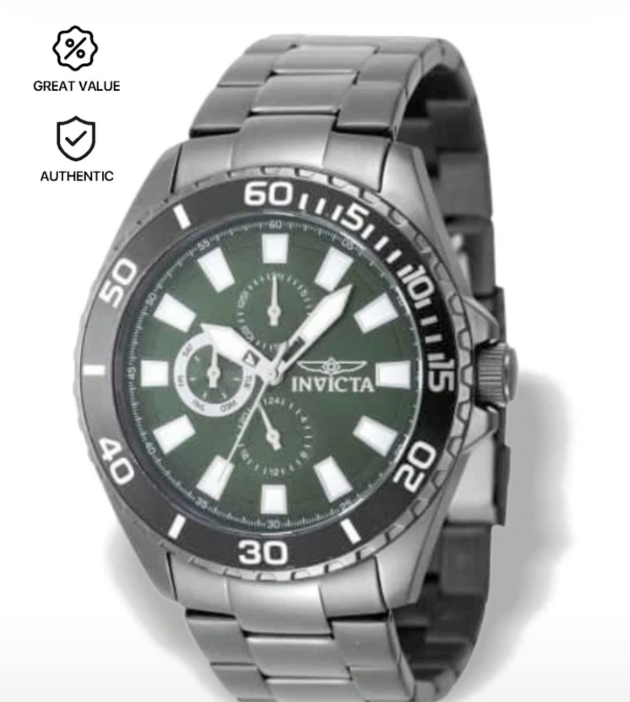 Invicta Pro Diver Men’s Quartz Chronograph Green Dial Black Bezel Gray Bracelet