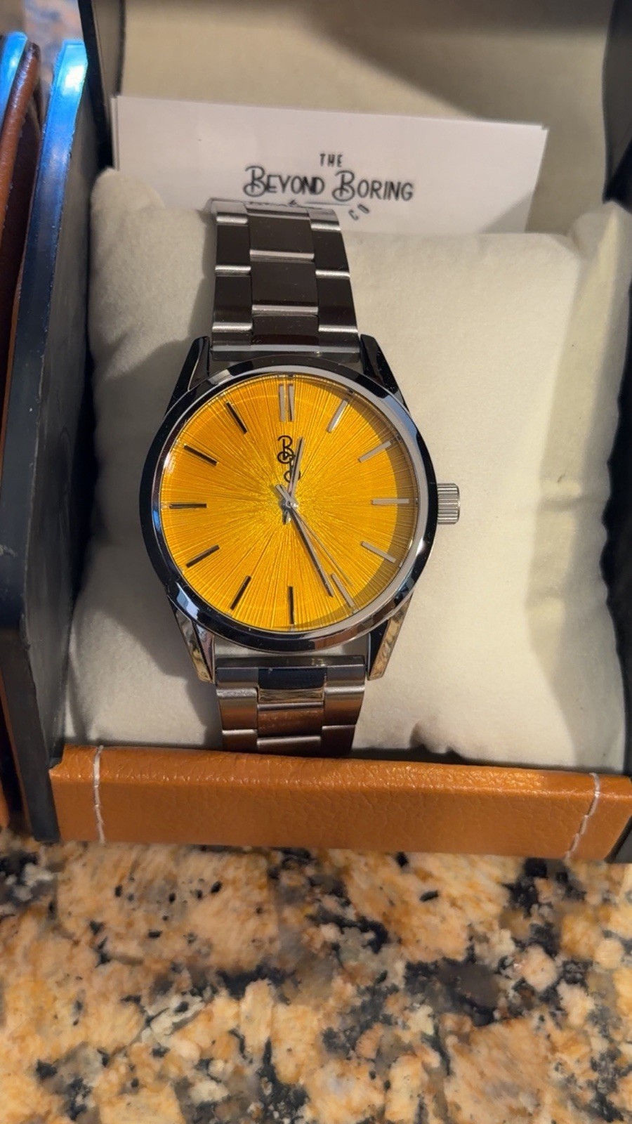 The Beyond Boring Co. Quartz Analog Watch Orange Sunburst Dial SS Bracelet w/Box