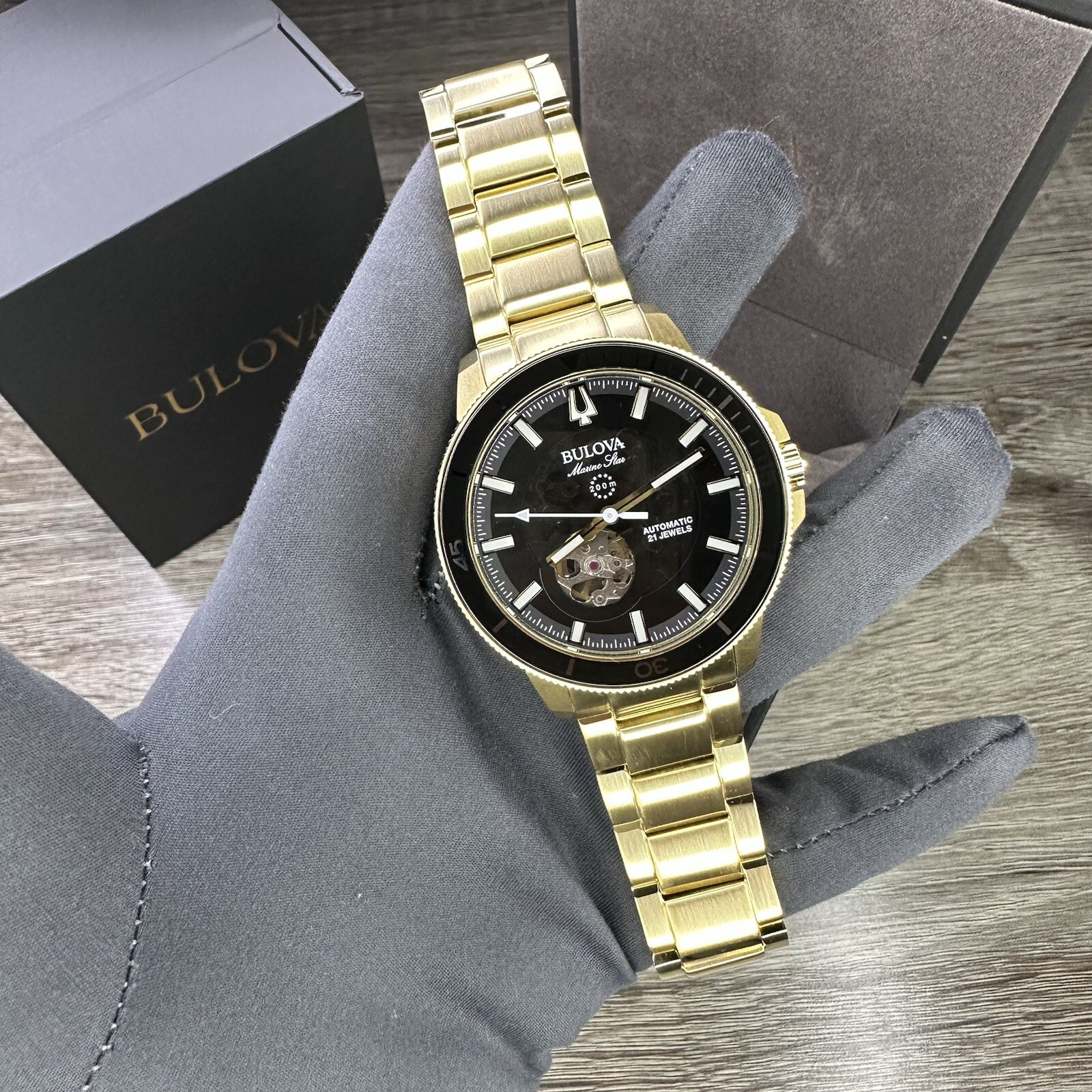 NEW✅AUTOMATIC✅ Bulova Marine Star Gold Tone Black Dial Skeleton Men Watch 97A174