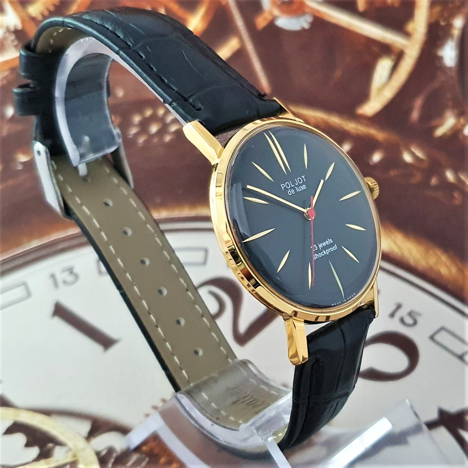Vintage Watch Poljot De Luxe ULTRA SLIM 2209 Black Dial Mechanical Watch USSR
