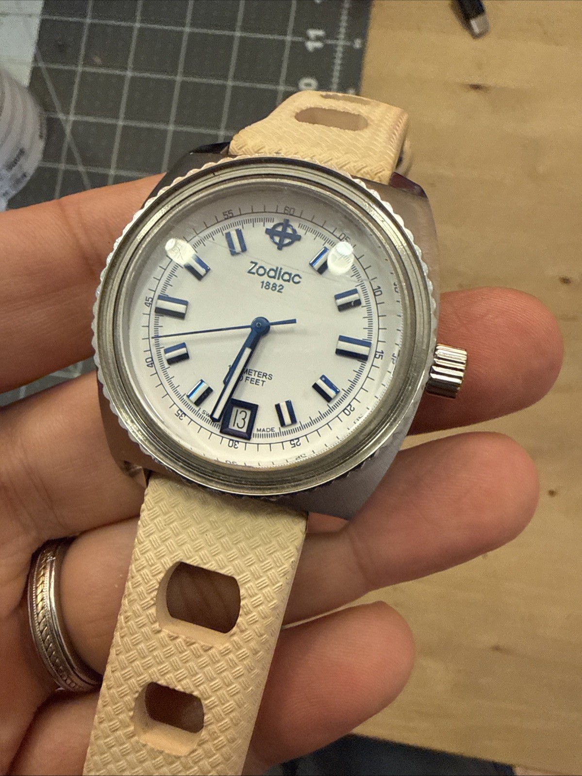 zodiac Sea Dragon zo2244 Swiss dive watch 100m 38mm square blue white tan