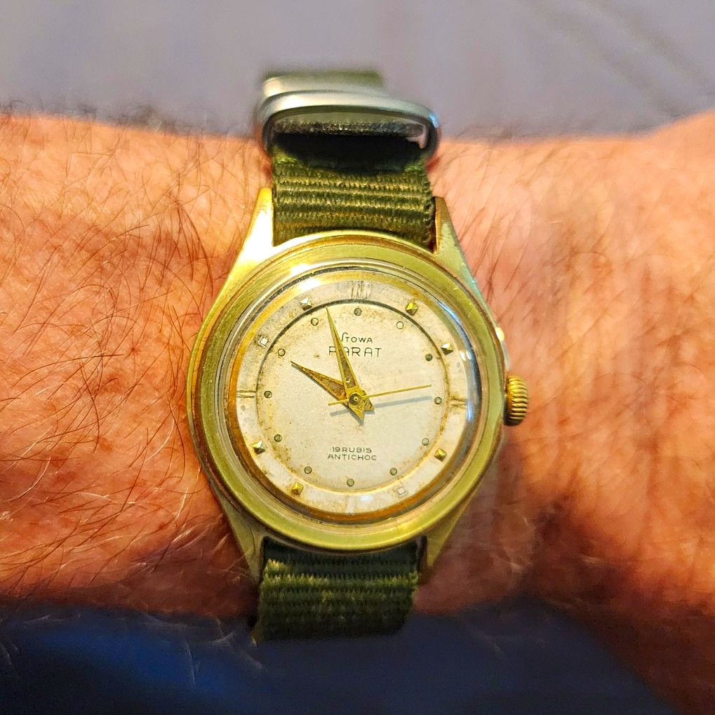 Stowa Parat Vintage Manual Wind Watch, Gold Tone Case, Silver Dial, Green Nylon