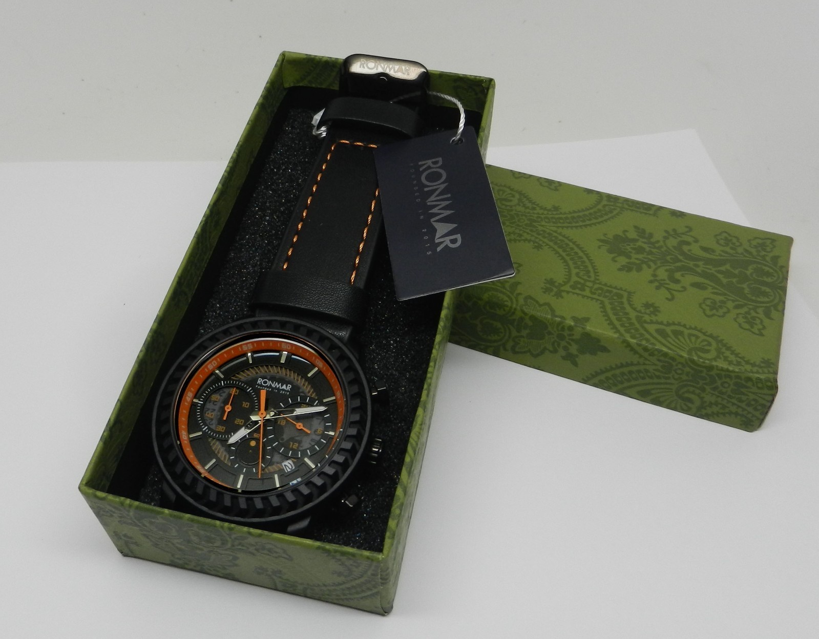 Men’s 44mm Chronograph Date Dial Black Orange With Leather Strap Rugged Watch