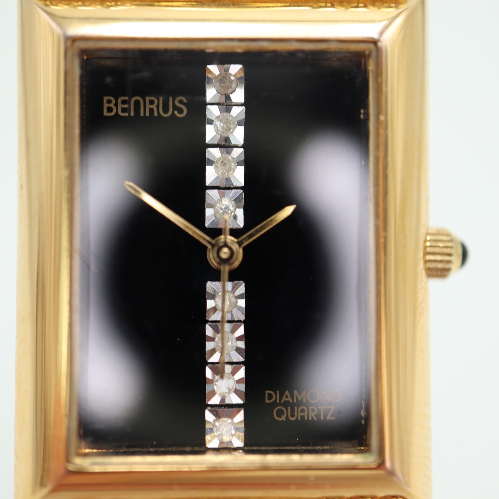 Vintage Benrus Diamond Tank Black Gold Tone 22mm Womens Watch w New Battery