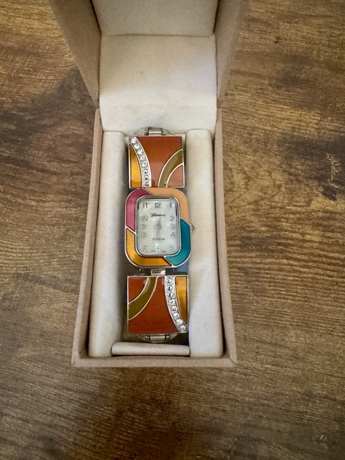 Geneva Platinum Enamel Bracelet Watch Y2K Art Deco Mod Geometric Rhinestone