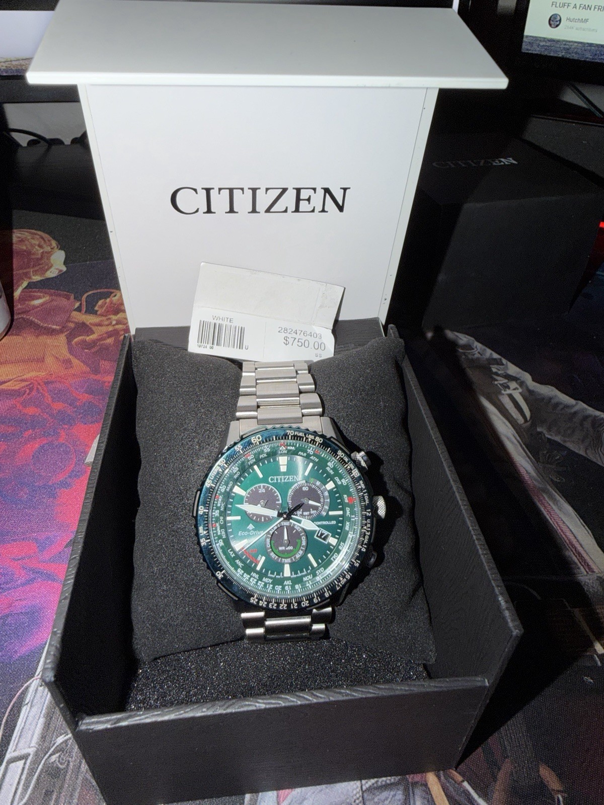 Citizen Eco-Drive Green Dial Chronograph Atomic Slide Rule 46mm Box Papers