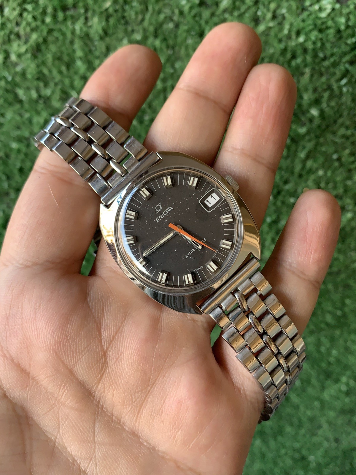 Vintage Enicar Ocean Pearl Watch Stainless Steel Star Jewels Dial 36mm Men 1960s