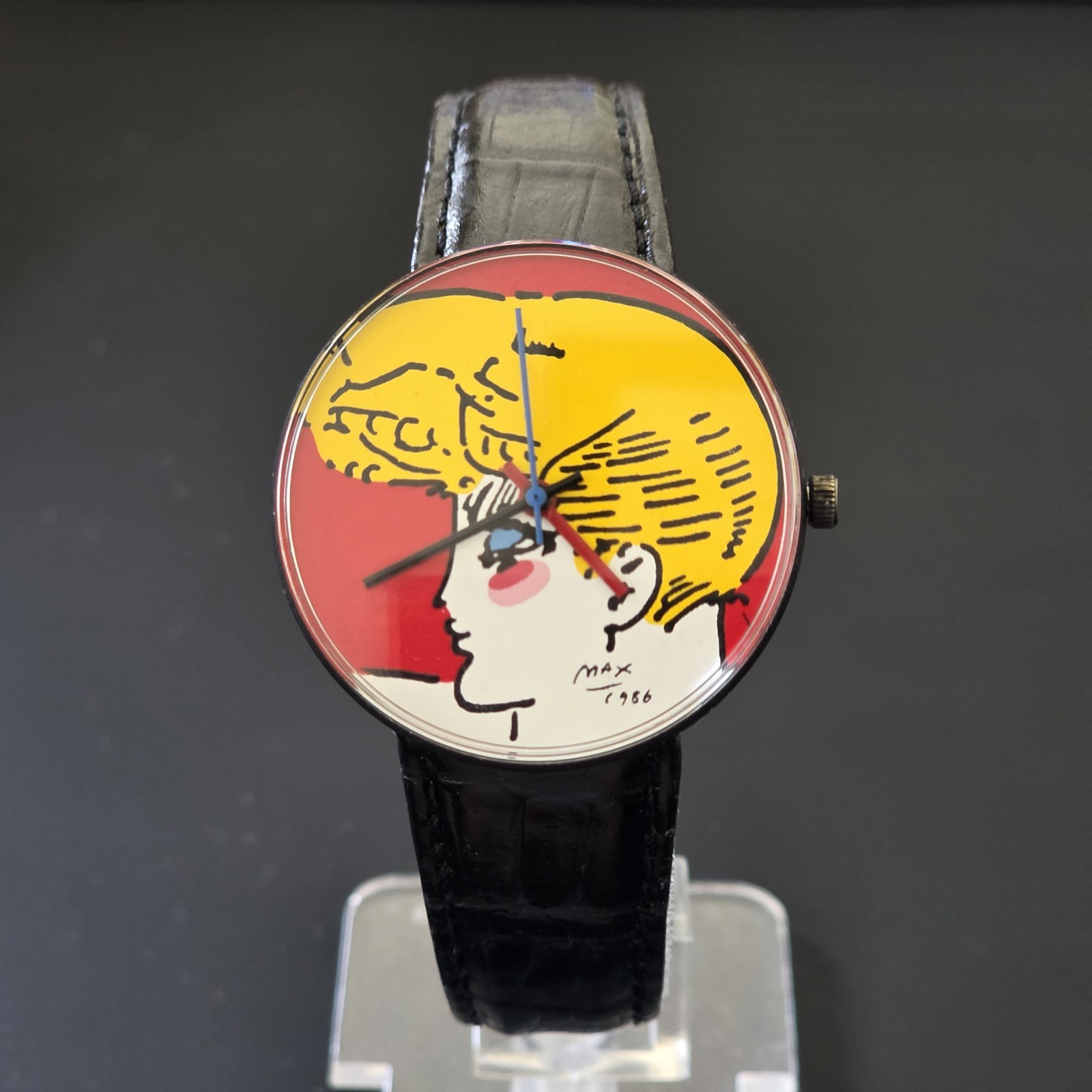 VTG Peter Max 1986 UK Design Blonde Portrait 34mm Watch Pop Art Retro WORKS