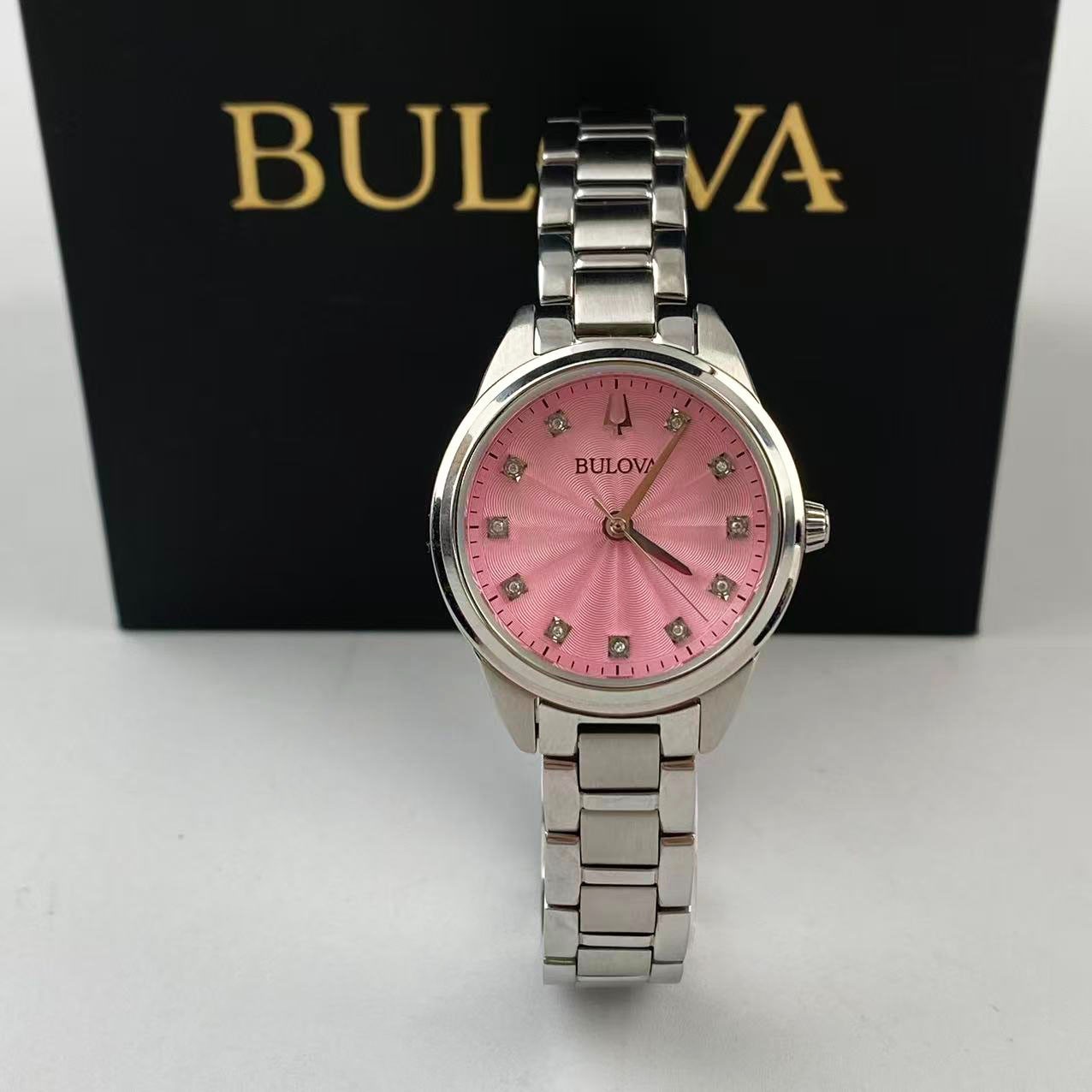 New Bulova 96P249 Sutton Pink Diamond Dial Stainless Steel Women’s Quartz Watch