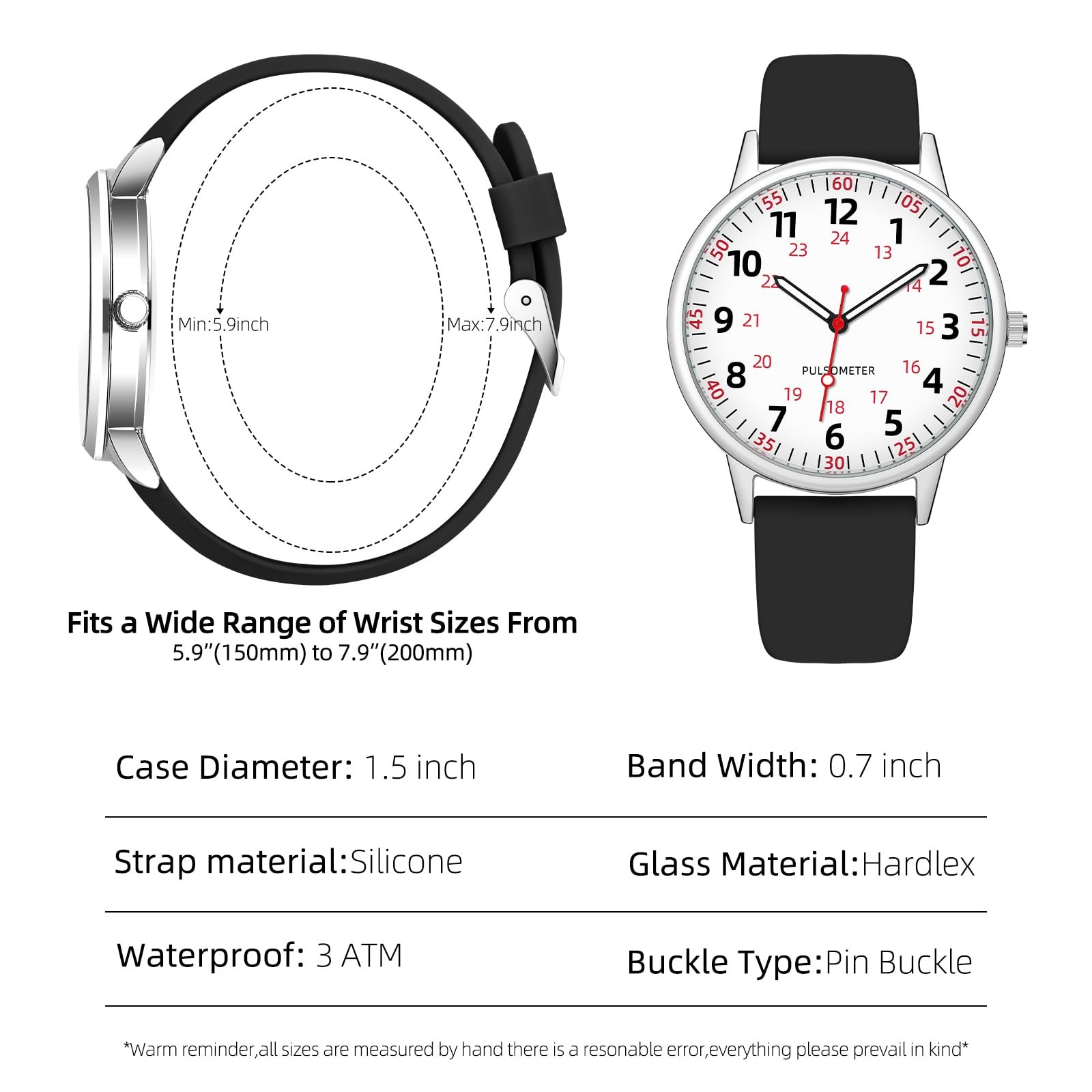 TWOPTION Nurse Watch for Women Waterproof Analog Silicone with Black