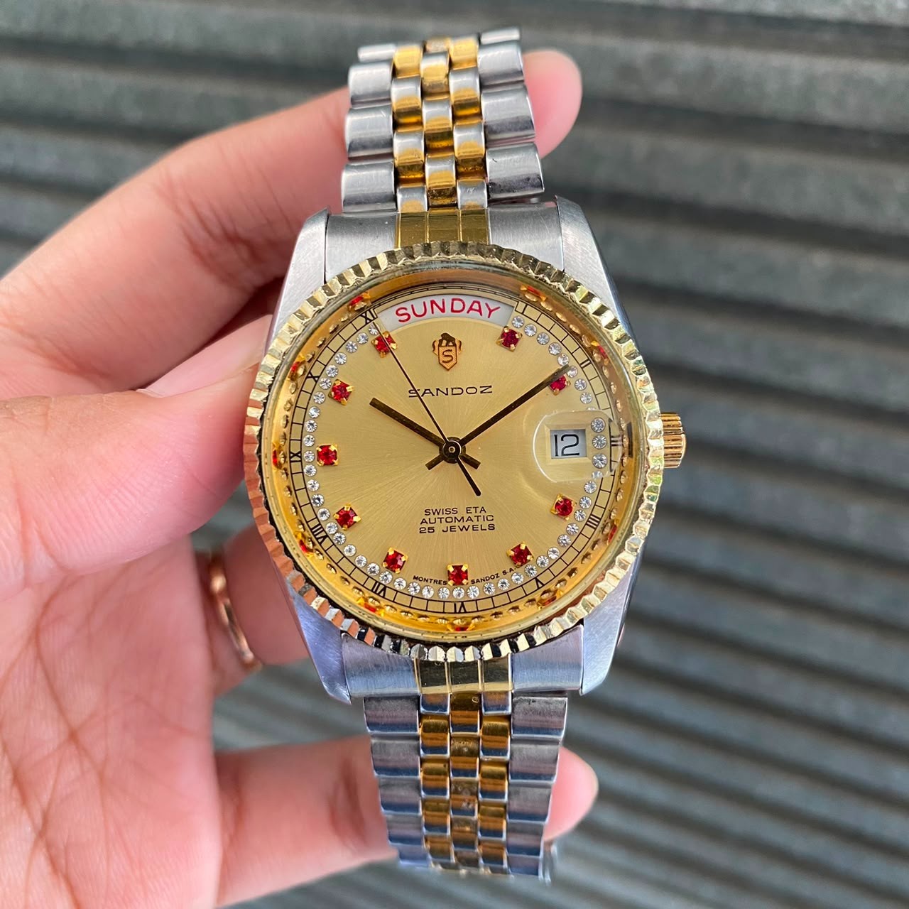 Rare Sandoz President Automatic 25J ETA Diamond Index Gold Day Date Watch Men
