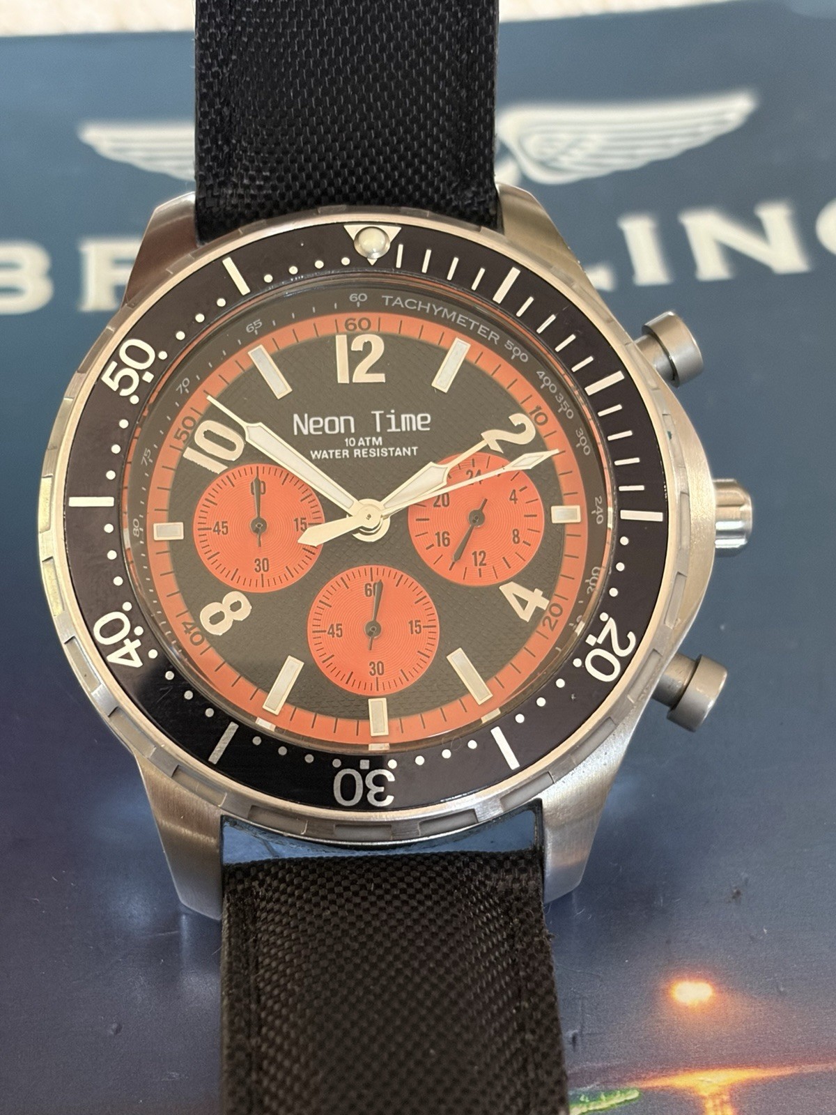Neon Time Men’s Chronograph Watch 10ATM Black Canvas Leather Strap Sport Pilot