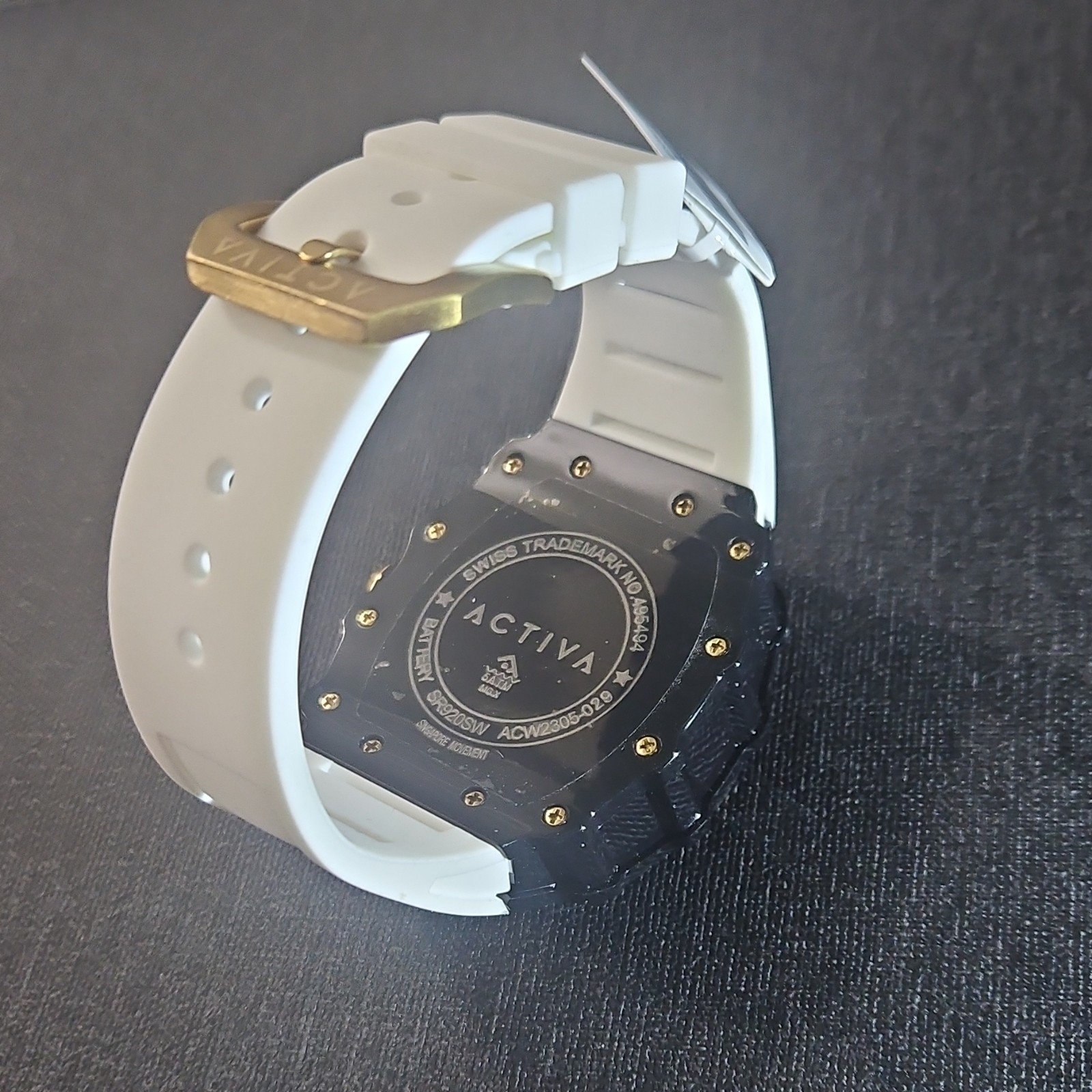 Activa Men’s Quartz Chronograph 46mm Black/Gold Dial White Silicone Strap Box