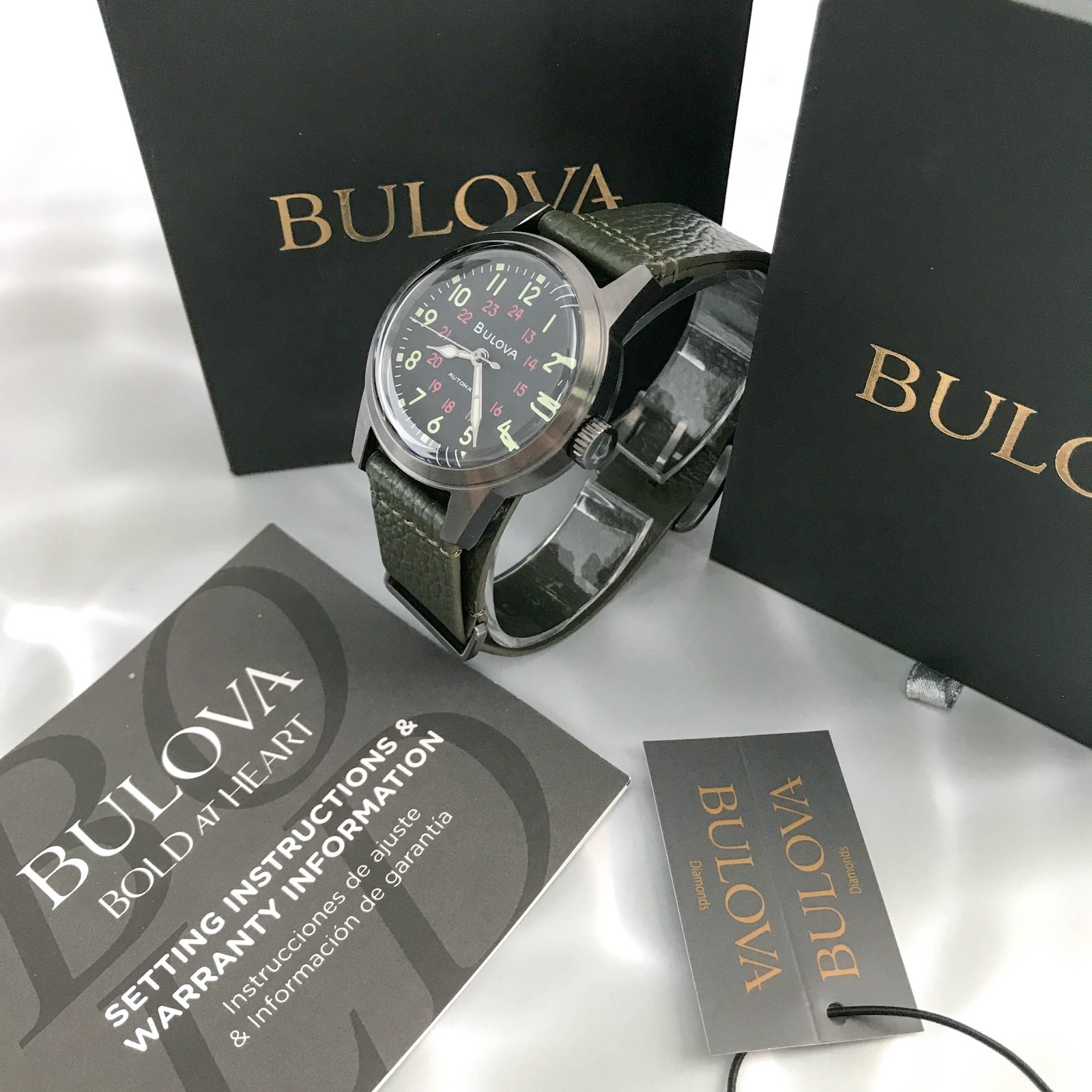 Bulova Hack 98A255 Automatic Black Dial Green Leather Strap Men’s Watch 38mm New