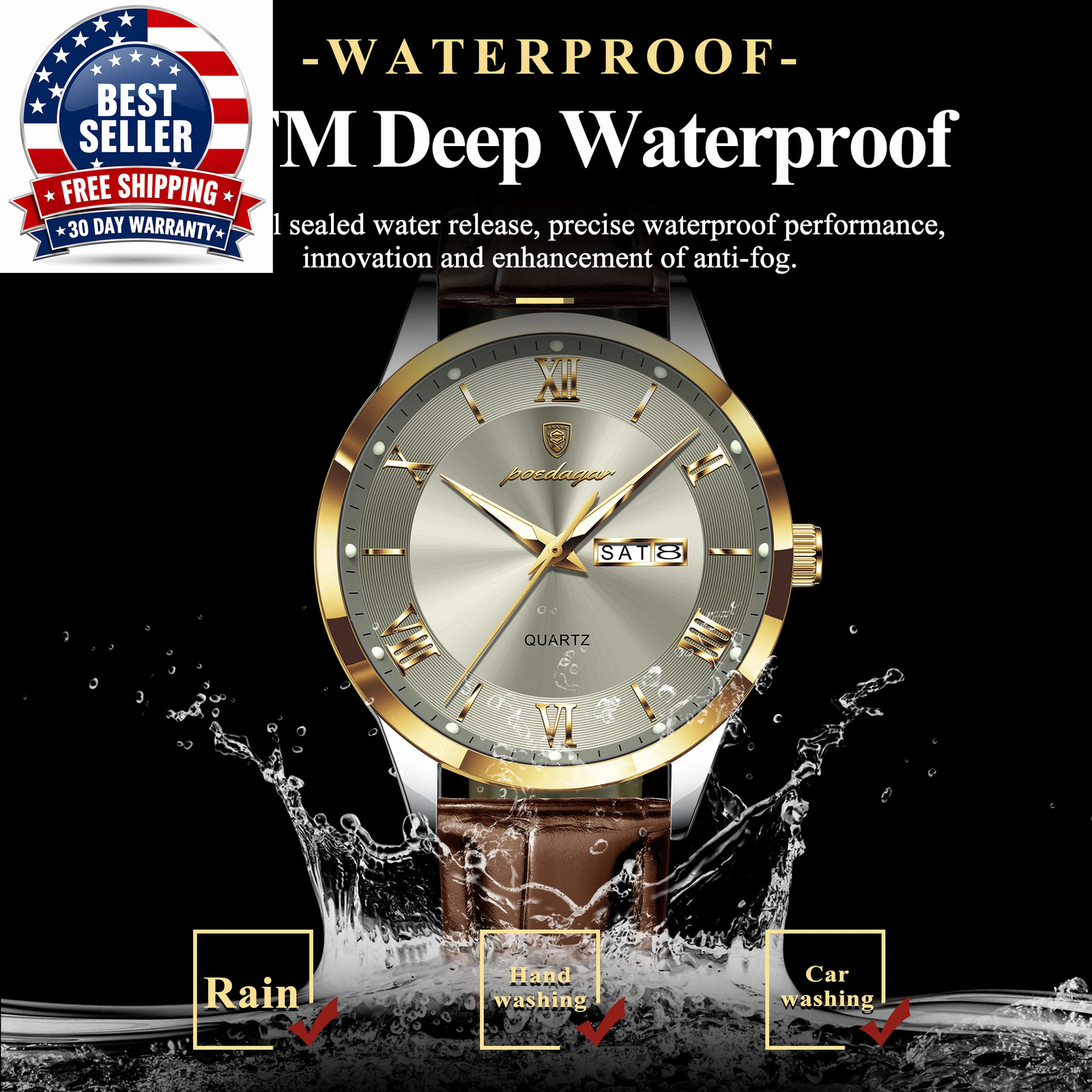 Men’s Waterproof Quartz Watch with Leather Band and Luminous Features