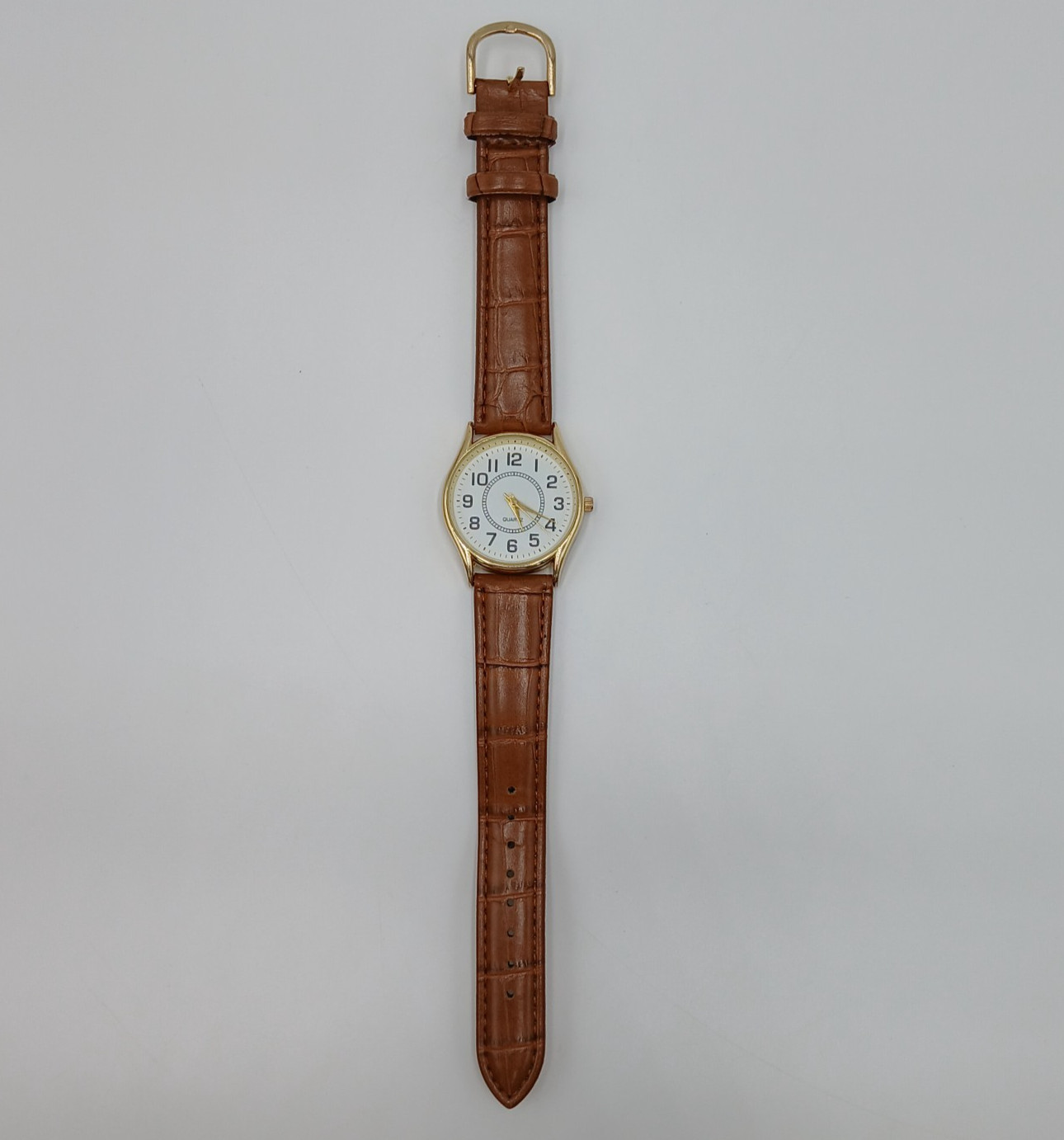 Quartz Watch Unisex Gold Tone Brown Faux Croc Skin upto 8.5in Seconds Hand Japan
