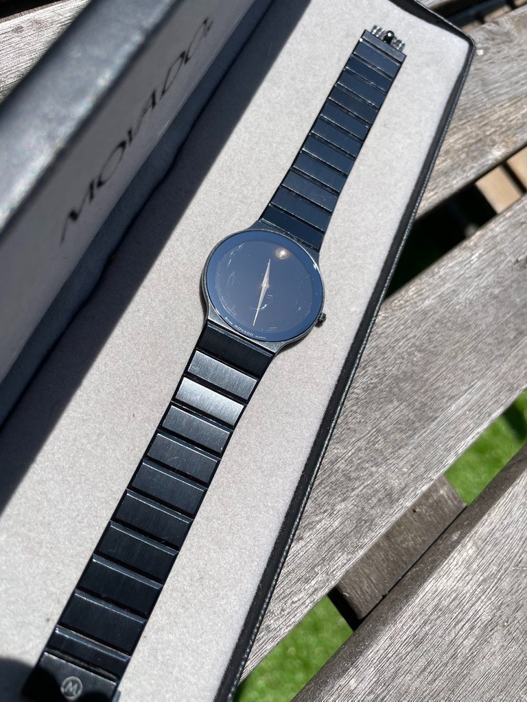 1990s Movado Museum Ultra Thin Black PVD Quartz Watch w/ Box, ref. 84-40-880-A