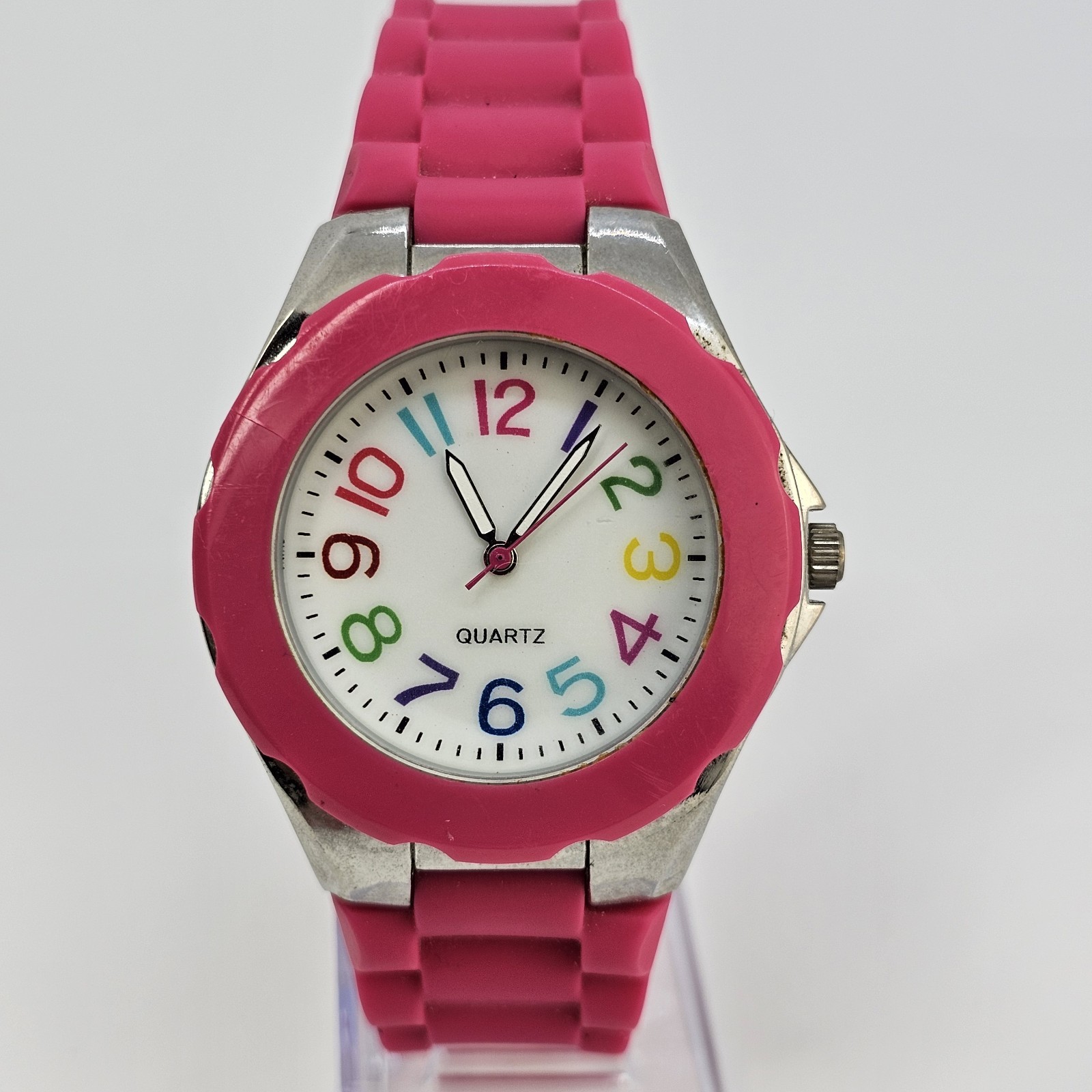 40MM Women’s Watch White Dial Colorful Hour Marks Pink Plastic Bands New Battery